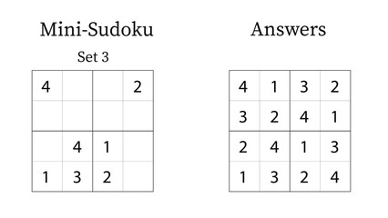 Mini Sudoku Puzzle 4x4 Set 3 for Kids Very Easy with Answers, Fun Brain Training Math Game for Kids, Vector