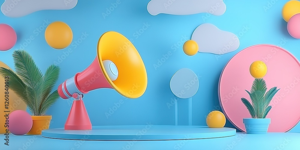 Aufkleber colorful abstract setup with multi-colored shapes and a megaphone in a vibrant studio environment