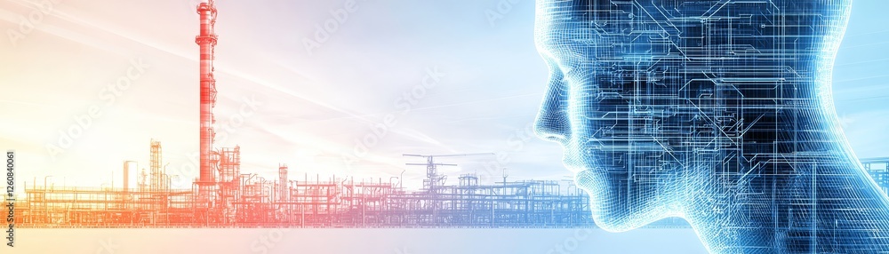 Poster man's head with projected refinery blueprint, visualizing industrial design and engineering concepts