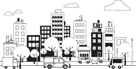 Naklejka premium City landscape. Line urban backdrop. Different buildings on street, outline cityscape hand sketch, flat houses. Hand drawn vector illustration