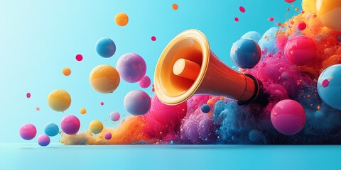 Colorful explosion of sound with vibrant spheres around a loudspeaker against a blue background showcasing energy and creativity