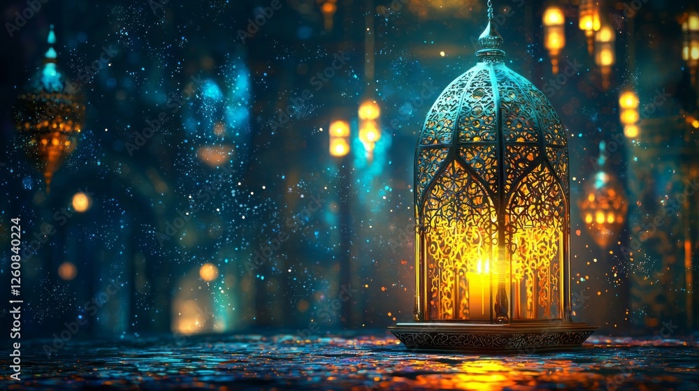 Poster a beautifully crafted arabic lantern casts a warm glow, creating an enchanting ambiance. the intrica