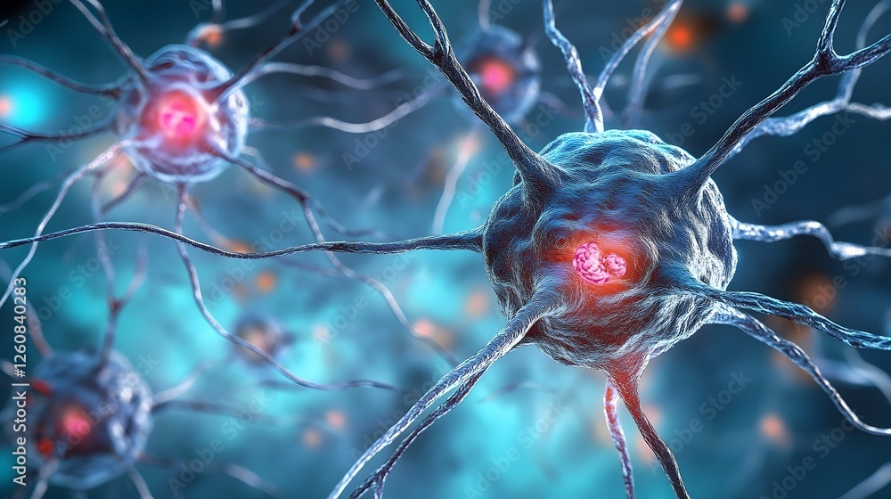 Fototapete futuristic microscopic neurons and synaptic connections in a glowing blue digital landscape represen