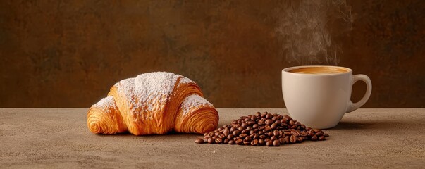 coffee and bakery concept. A croissant topped with powdered sugar, placed on a cafe table next to a steaming coffee and a pile of roasted beans