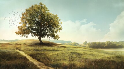 Lonely tree on a green meadow at sunset. Spring landscape.