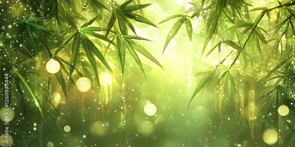 Poster soft sunlight filters through green bamboo leaves, creating a serene atmosphere in a tranquil forest