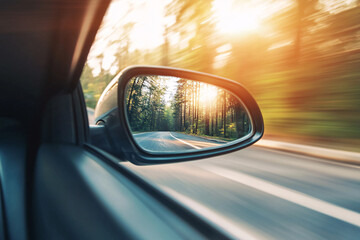 Obraz premium Close up of car side mirror of red car showing street