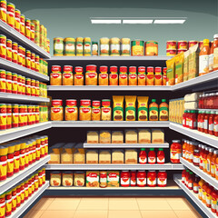 A well-stocked grocery store aisle with a variety of canned goods and packaged foods.