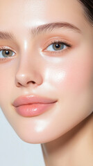 Obraz premium Radiant Skin Close-up: A young woman's flawless, glowing complexion is showcased in this close-up portrait, highlighting her radiant skin, delicate features, and natural beauty.