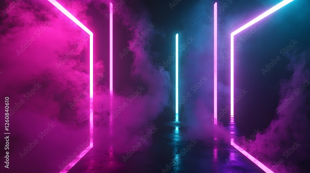 Aufkleber futuristic neon corridor with glowing geometric shapes surreal lighting and an ethereal moody atmosp