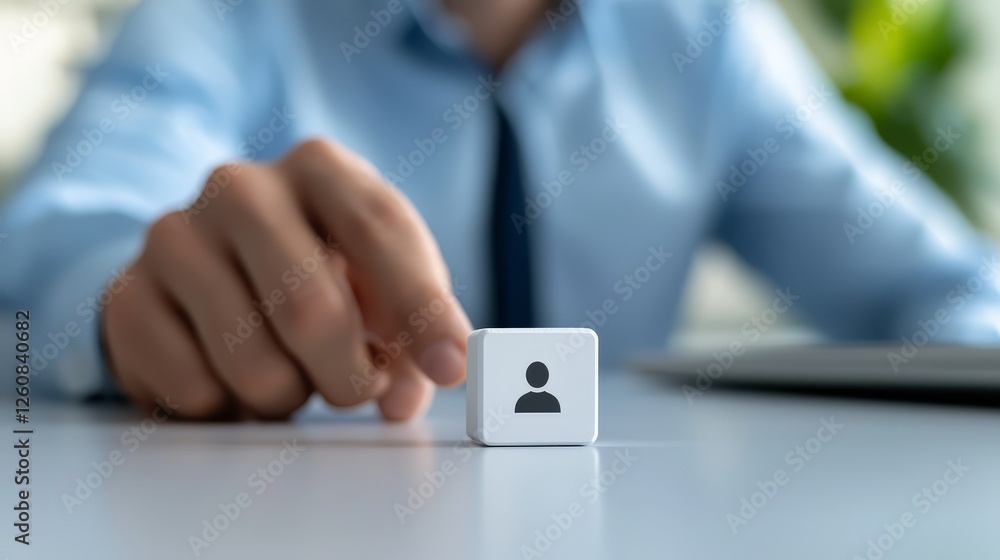 Poster person interacting with a small cube at table, study in minimalism and geometric form