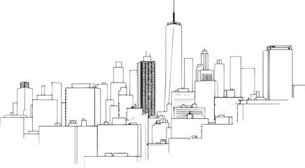 City landscape. Line urban backdrop. Different buildings on street, outline cityscape hand sketch, flat houses. Hand drawn vector illustration