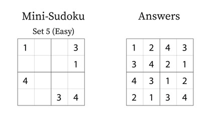 Mini Sudoku Puzzle 4x4 Set 5 for Kids Easy with Answers, Fun Brain Training Math Game for Kids, Vector