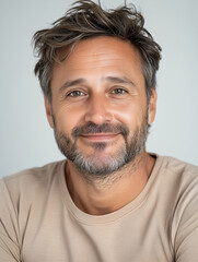 Obraz premium Smiling Man Portrait: A close-up portrait of a middle-aged man with a warm, friendly smile. He has salt-and-pepper hair, a well-groomed beard, and kind eyes that convey approachability and confidence.