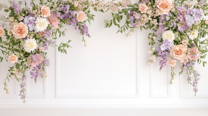 Obraz premium Floral decoration with soft pastel colors framing a blank wall, creating an elegant and serene backdrop for events or photography.