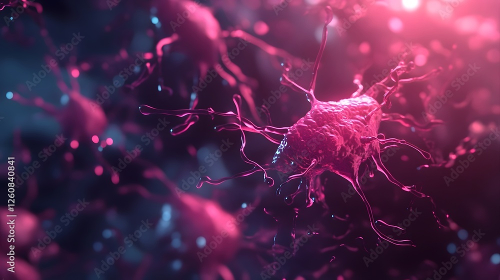 Poster Glowing Abstract Neuron Cells with Electric Energy Flow in Futuristic Digital Art Design  Branching neural network with vivid pink red and blue colors creating a striking