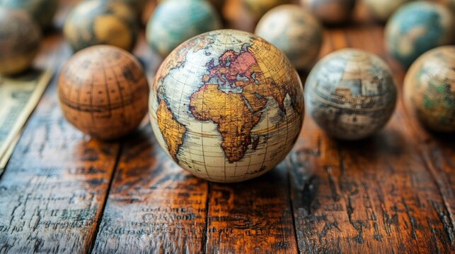 Globes representing earth on rustic wooden table displaying geography and cartography