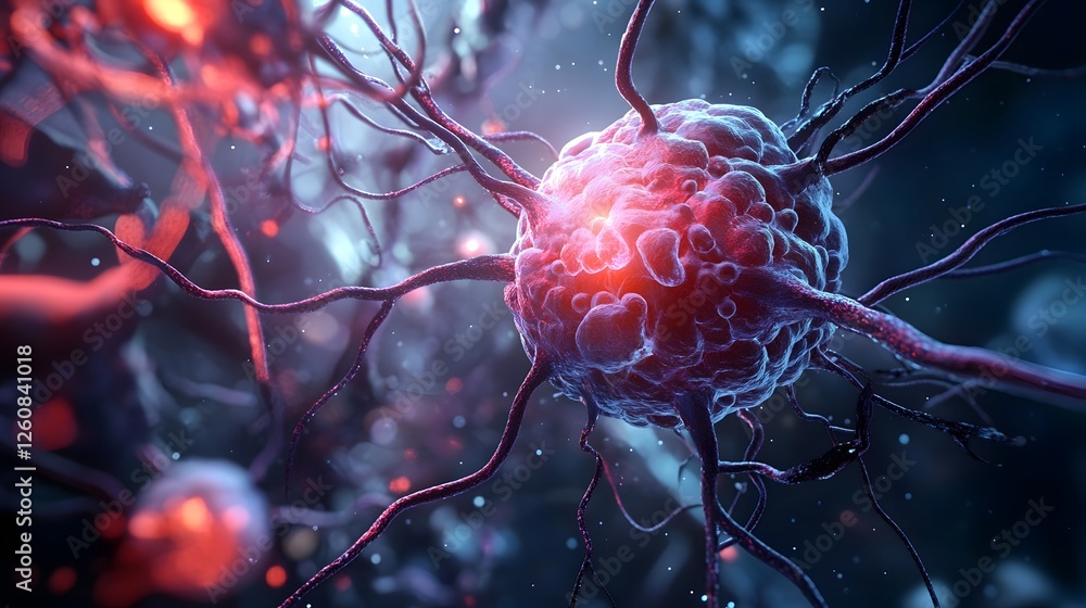 Poster Glowing and dynamic 3D rendering of a neural network with complex synaptic connections and vibrant electric impulses transmission in a futuristic laboratory or scientific research setting