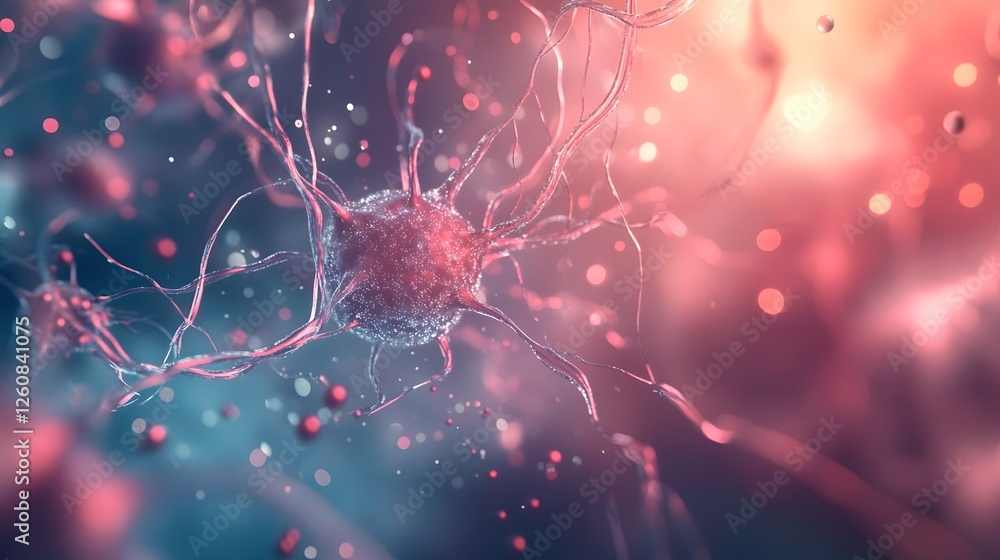 Poster Glowing and Energetic Neural Network Synapse with Vibrant Purple and Red Hues Representing the Complex and Interconnected Nature of the Brain and Nervous System