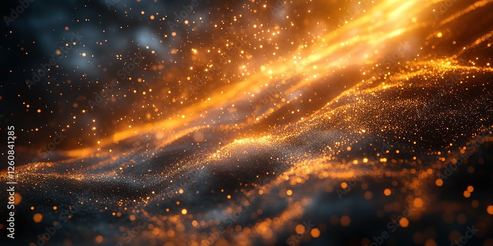Poster abstract representation of shimmering golden particles floating in dark space captured during a crea