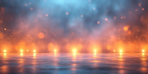 Colorful lights illuminate a misty stage during a vibrant performance at dusk near a tranquil water surface