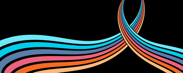 Colorful background of 70's style curvy lines. Retro panel with rainbow parallel stripes. Template for posters, banners, decorative elements and wall art. Design and creativity idea