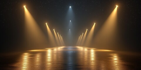 Bright lights illuminate a reflective pathway in a dark, atmospheric setting on a serene night