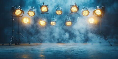 Bright stage lights illuminate a fog-filled performance area during a theatrical production at night