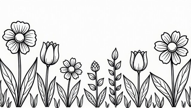 Black and White Line Art Flower Border Illustration.