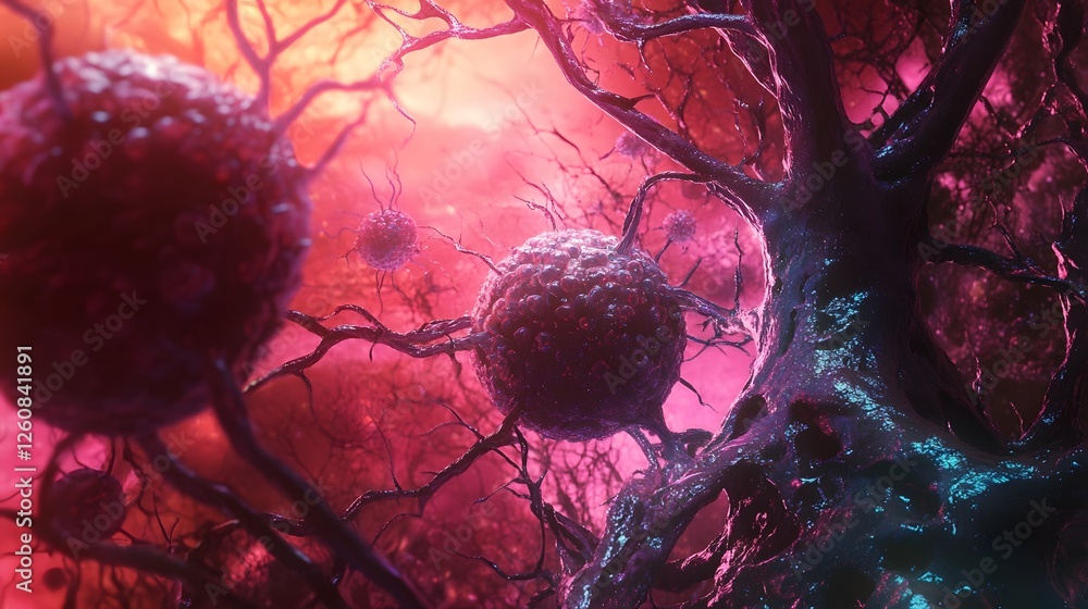 Poster glowing biological neural network structures with abstract fractal patterns in vibrant colors