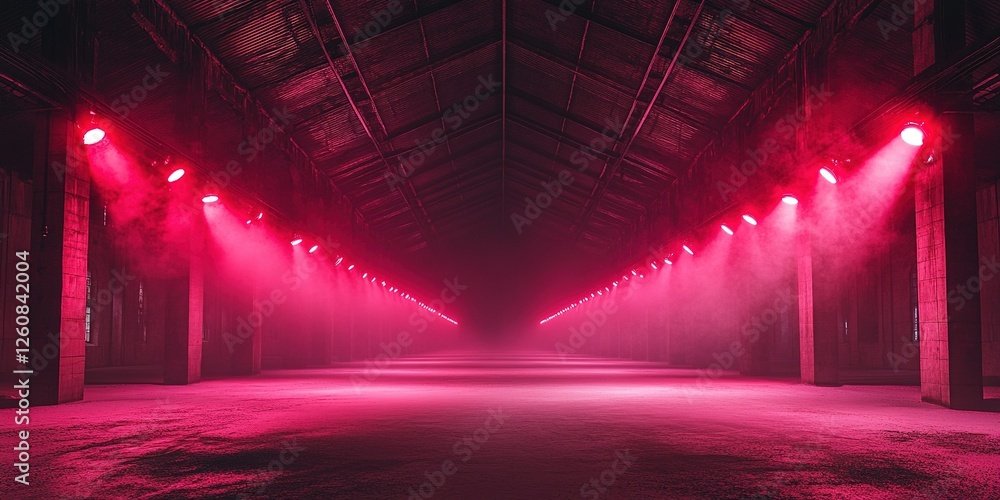 Aufkleber bright red lights illuminate an empty industrial space filled with fog during an artistic performanc