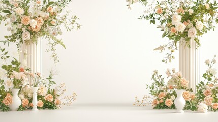Elegant floral arrangement with pastel roses and greenery framing a blank background, perfect for weddings or events.