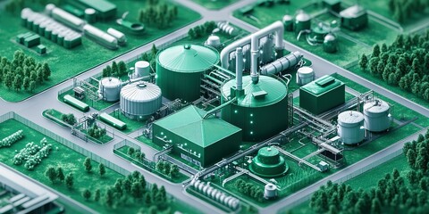 Industrial facility with green energy production and advanced machinery located in a lush environment during daytime