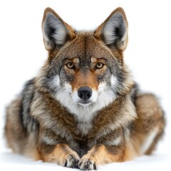 Fototapeta premium Coyote resting in winter snow; wildlife portrait