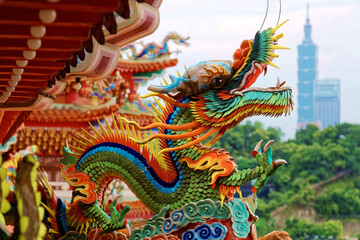 View of the colorful eaves of a Taiwanese temple decorated with delicate & fancy sculptures (dragon...