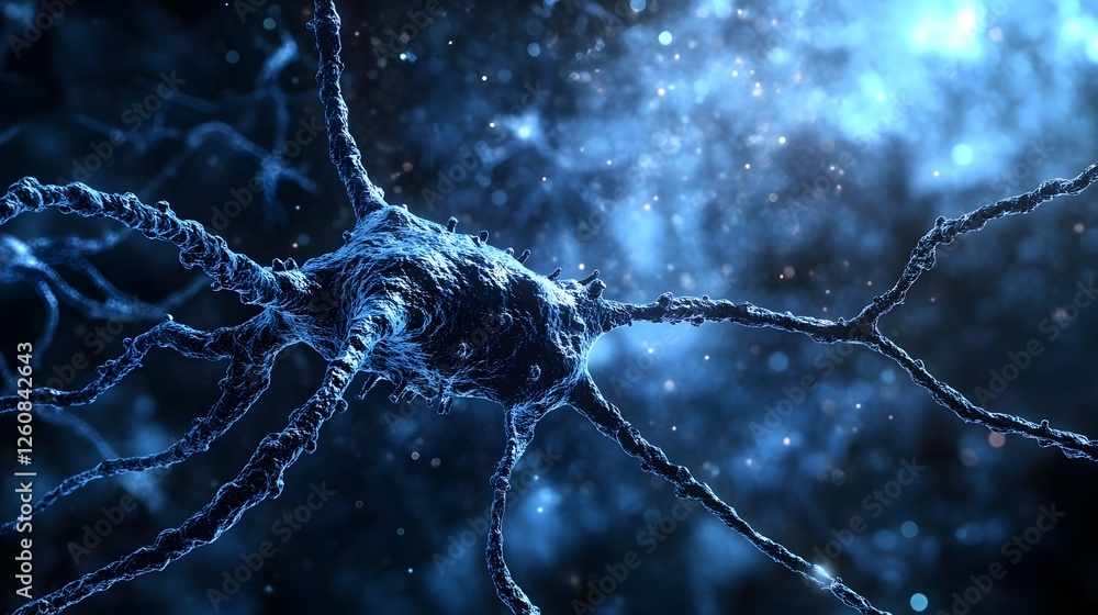 Poster Glowing blue neural network structures representing the intricate axons dendrites and synaptic connections between neurons in the human brain