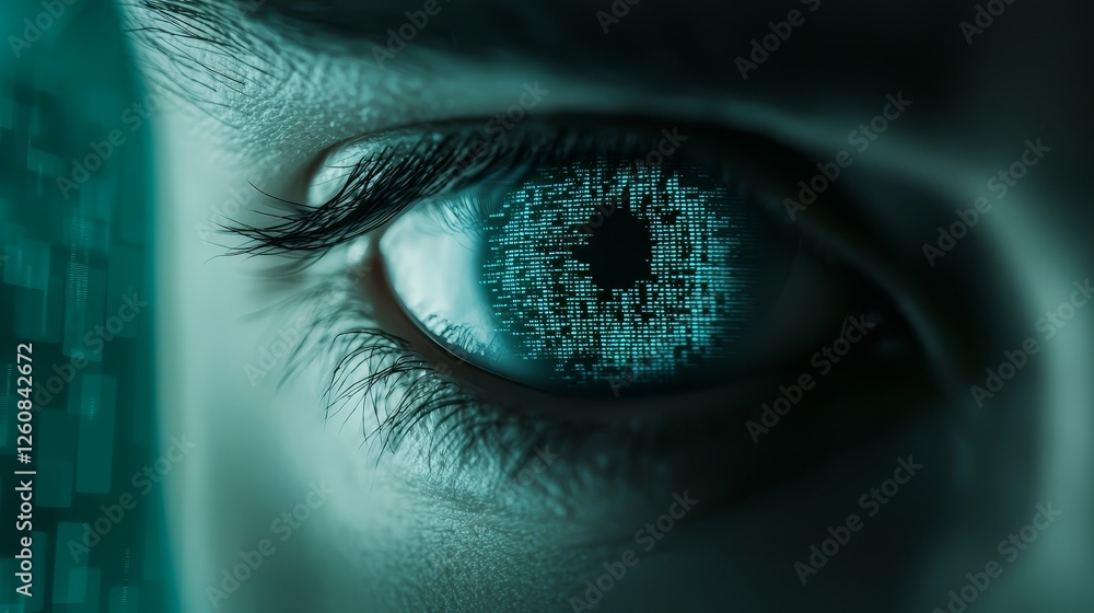 Poster binary code reflected in the pupil of an eye, a closeup view of the intersection of technology and v