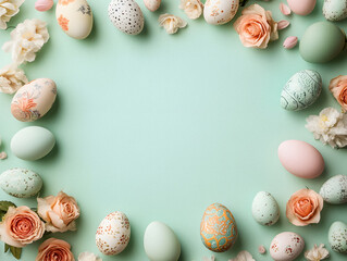 Composizione di uova di Pasqua decorate con motivi floreali e fiori su sfondo verde pastello
