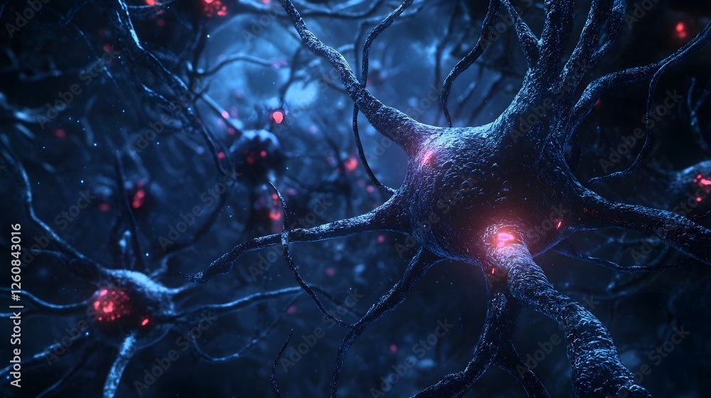 Poster Glowing Blue Neural Network with Pulsing Red Synapses Visualizing Futuristic Brain Communication and Interconnected Neurological Pathways in a Digital Scientific Abstract Background