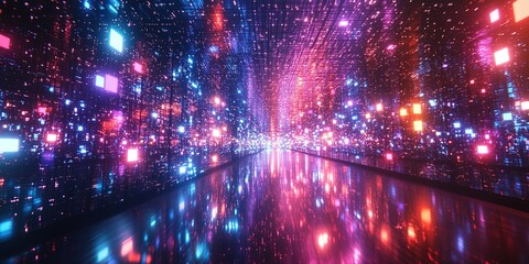 Fototapeta premium Vibrant digital light display illuminated through futuristic hallway at night