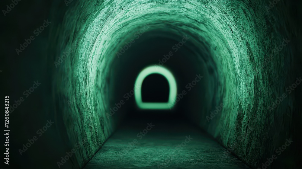 Poster fear of the dark concept, mysterious dark tunnel illuminated faintly at the far end creating an intr