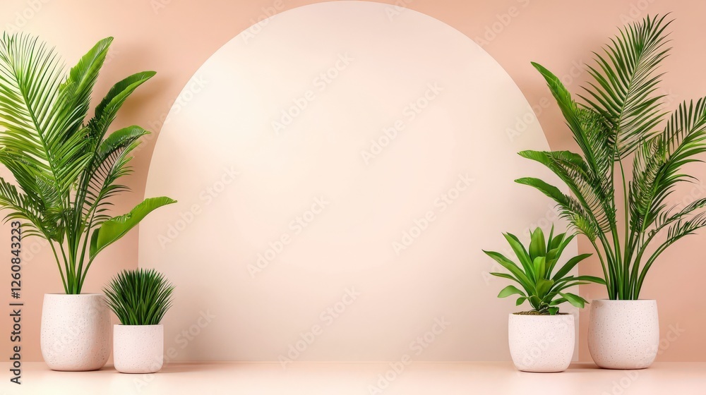 Poster lush potted plants arranged in a minimalistic setting with a soft peach background and an arch desig