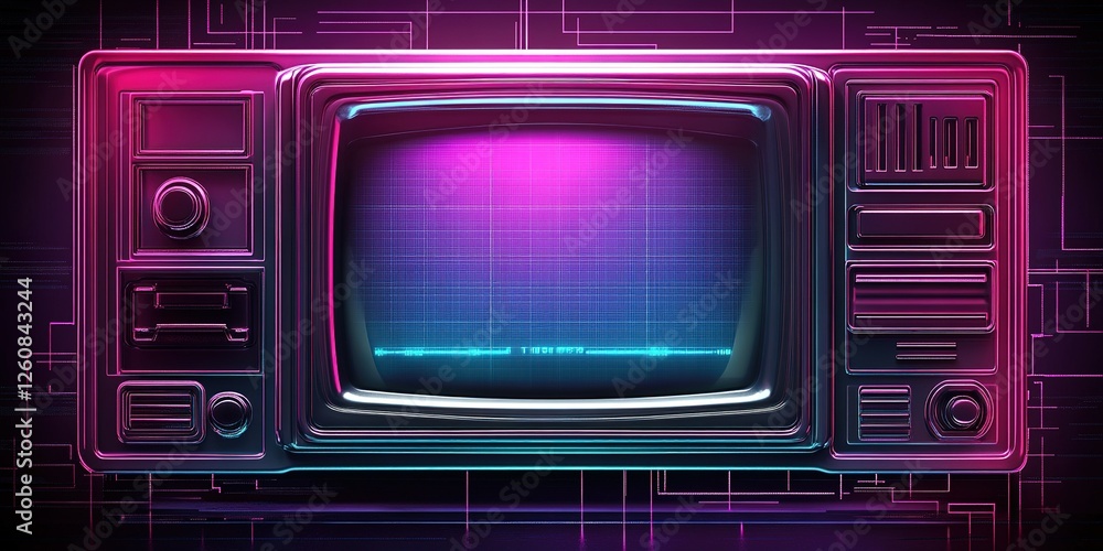 Poster retro television set with vibrant neon background featuring abstract digital patterns