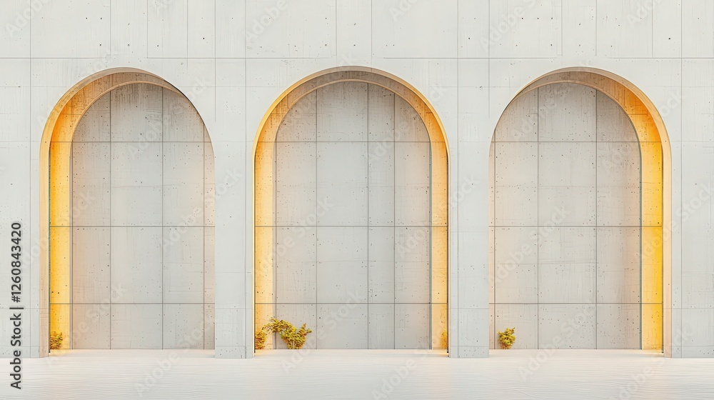 Poster concrete wall with three archways illuminated by soft light, featuring minimalistic design and small