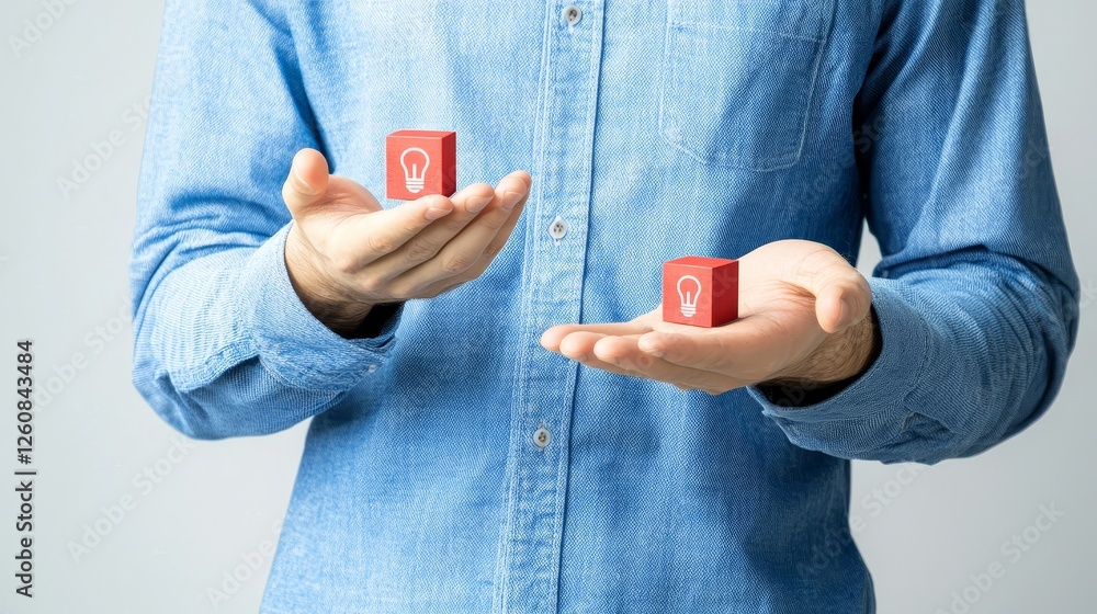 Poster man holding a red cube, captivating display of color and form in human hands