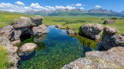 Fototapeta premium Mountain lake reflection, summer landscape, clear water, scenic vista, travel photography