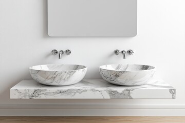 Modern marble double vanity sinks in a minimalist bathroom
