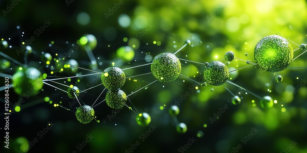 Poster exploring the intricate design of green molecular structures in a scientific background