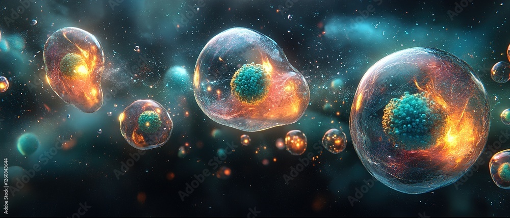 Poster colorful representation of cells showcasing vibrant structures in a dynamic abstract space