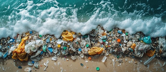 A close-up of a polluted beach covered in tangled plastic bags, colorful bottle caps, and faded food wrappers, with foamy waves lapping against the waste.